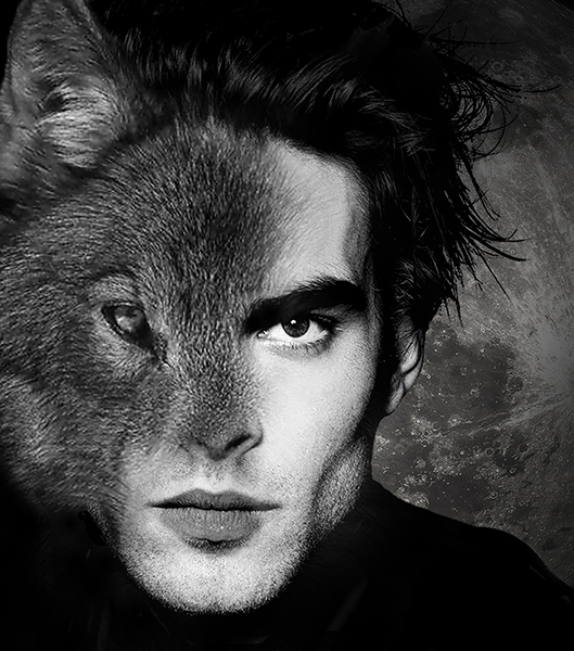 Composite of wolf and man's face